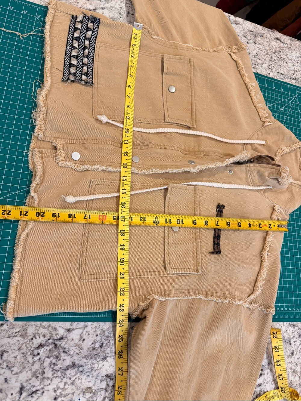 POL Small Tan Boho Embroidered Raw Edge Utility Moto Jacket - Picture 3 of 10